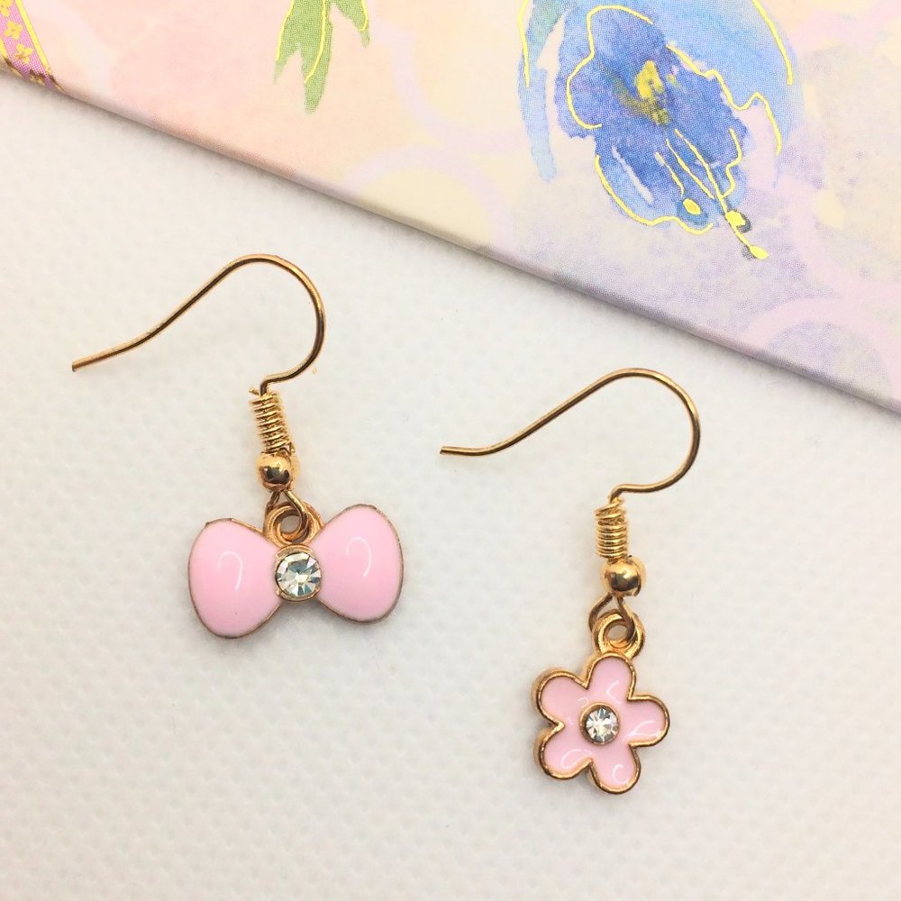 Adorable Light Pink Flower and Bow Charm Earrings